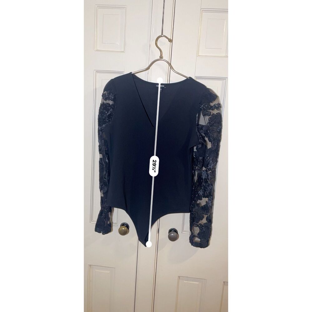 Express Size Large Black Sheer Lace Long Sleeve V-Neck Thong Bodysuit